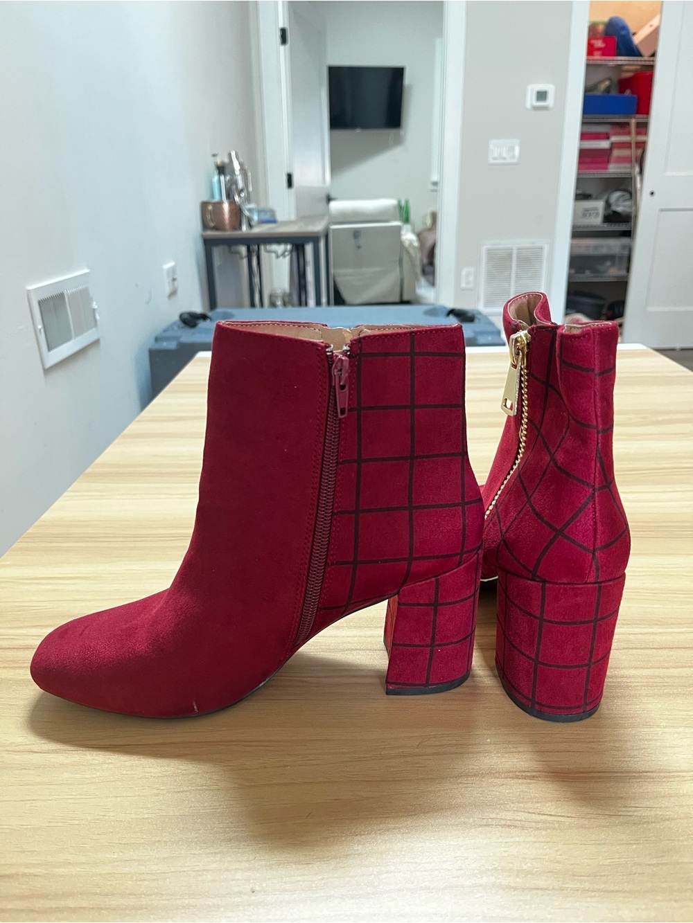 Women's Red Suede Block Heel Ankle Boots